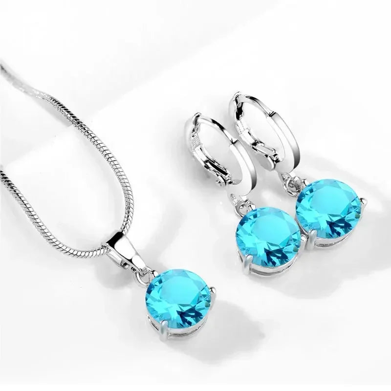 Classic Wedding Jewelry Set for Women Multicolor Zircon Silver Color Earrings Necklace Fashion Gift Jewellery