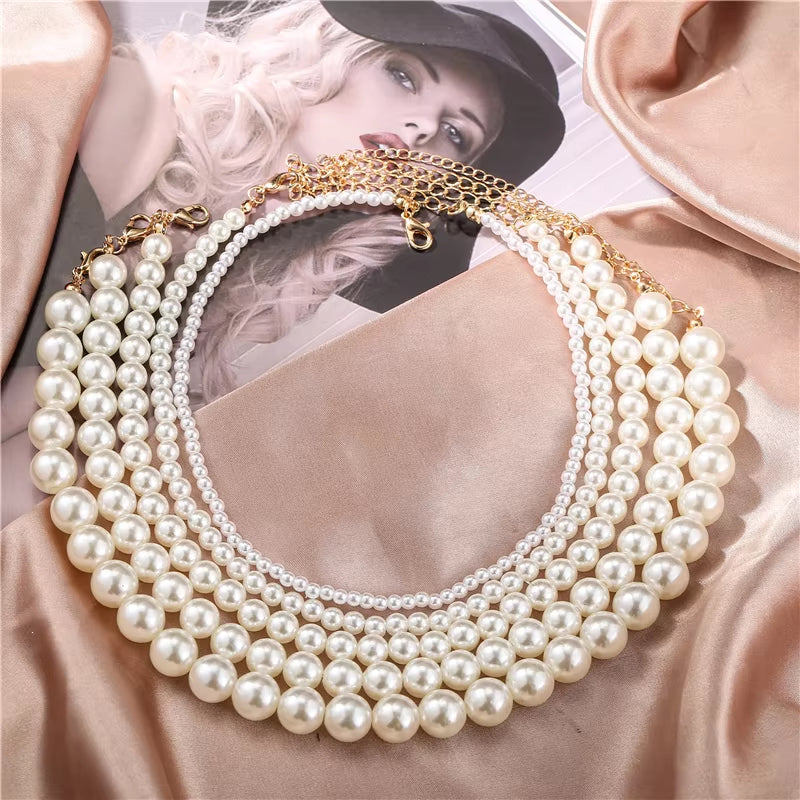 Elegant Vintage White Imitation Pearl Choker Necklace for Women Big round Pearls Beaded Wedding Necklace Charm Fashion Jewelry