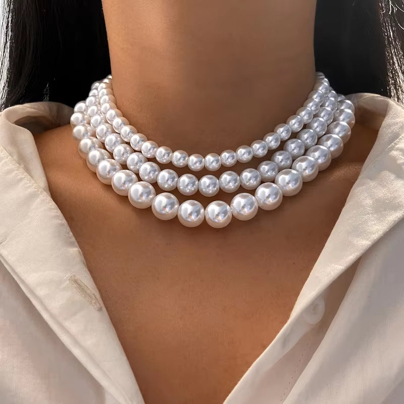 Elegant Vintage White Imitation Pearl Choker Necklace for Women Big round Pearls Beaded Wedding Necklace Charm Fashion Jewelry