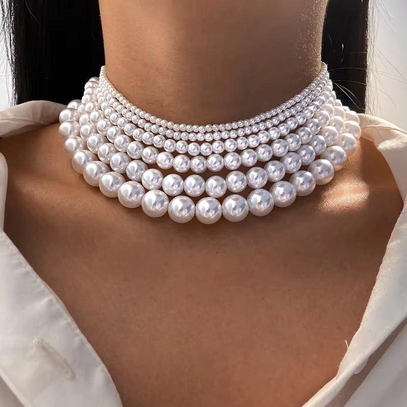 Elegant Vintage White Imitation Pearl Choker Necklace for Women Big round Pearls Beaded Wedding Necklace Charm Fashion Jewelry