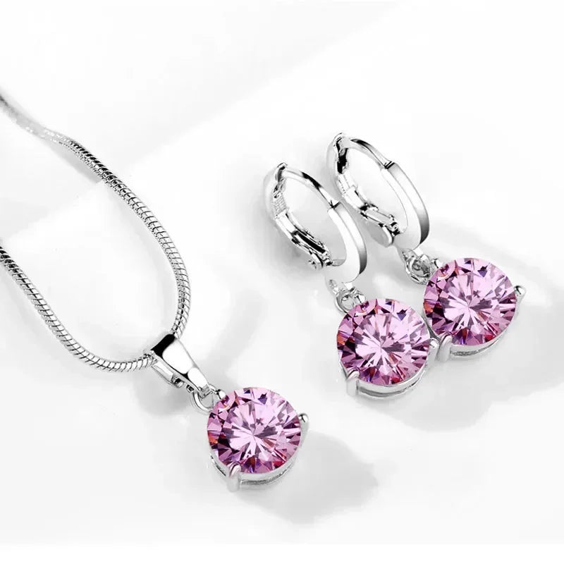 Classic Wedding Jewelry Set for Women Multicolor Zircon Silver Color Earrings Necklace Fashion Gift Jewellery